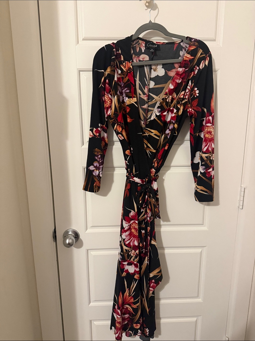 connected apparel Black Floral Wrap Dress with Red, Pink & Purple Blooms